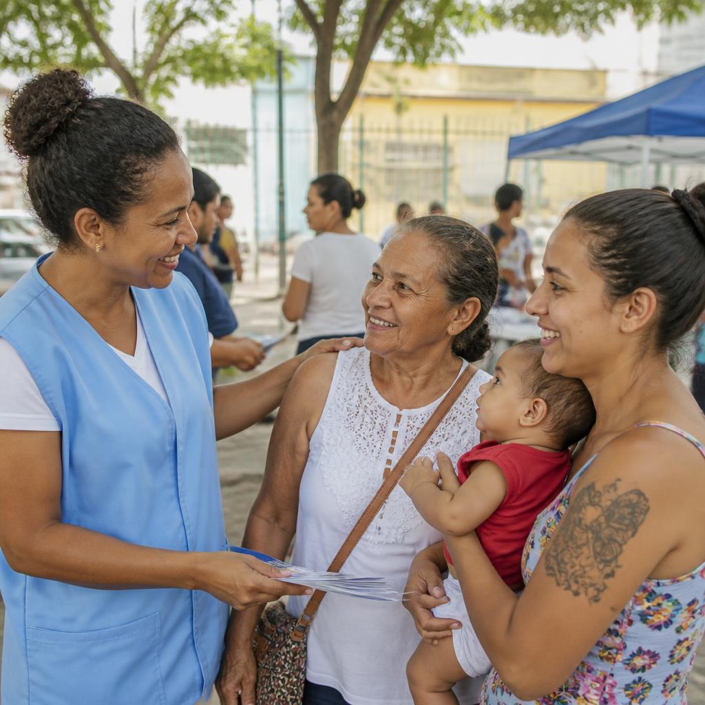 Agente de saúde conversando com uma senhora e uma mãe com bebê em uma ação comunitária