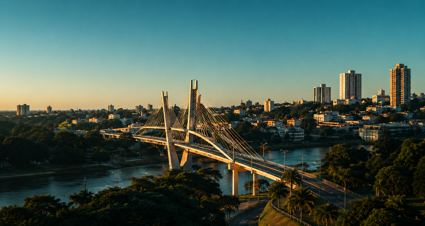 Vista aérea da ponte estaiada e da paisagem urbana de Sorocaba ao amanhecer